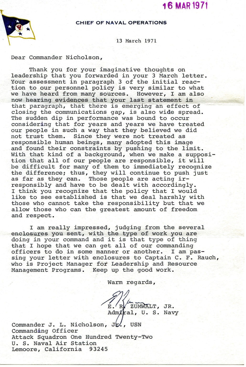 Chief Of Naval Operations Letter 1971 Captain John L Nicholson